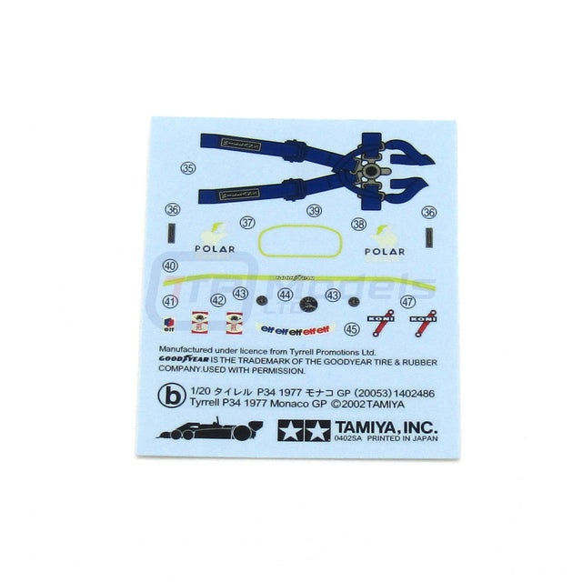 Tamiya 20053 1/20 Tyrell P34 1977 Monaco GP, 1402486 Waterslide Decals Sheet B, NEW