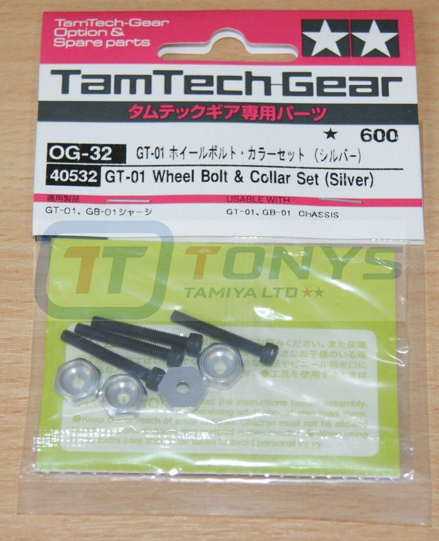 Tamiya 40532 Tamtech-Gear GT-01 Wheel Bolt & Collar Set (Silver,GT01/GB-01), NIP