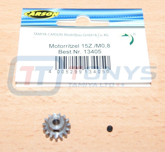 Carson 500013405 15T Steel Pinion Gear (0.8/08 Module), (Tamiya Hot Shot/Bigwig)