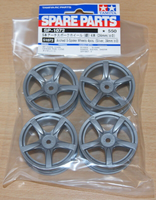 Tamiya 51072 Arched 5-Spoke Wheels 4 Pcs. (Silver, 24mm/±0), (TA08/TB05), NIP
