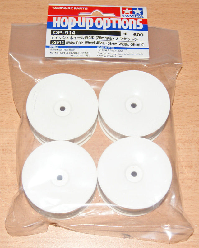 Tamiya 53914 White Dish Wheel 4 Pcs. (26mm Width, Offset 0), (TT01/TT02/F103GT)
