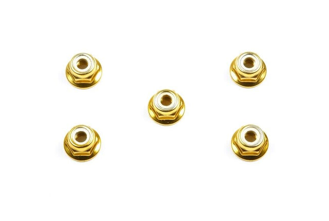 Tamiya 53161 4mm Anodized Aluminum Flange Lock Nuts (Gold, 5 Pcs.), (TT01/TT02) **DISCONTINUED**