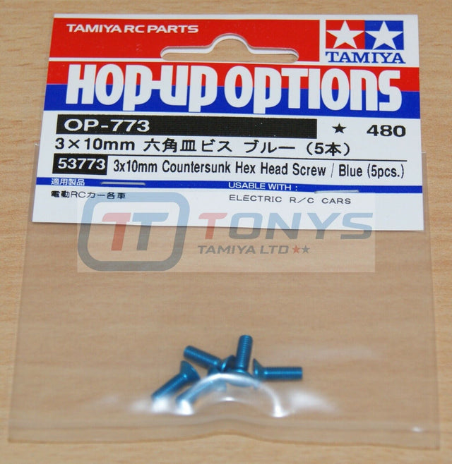 Tamiya 53773 3x10mm Countersunk Hex Head / Blue (5 Pcs.), (TRF's/TB Evo's), **Discontinued**