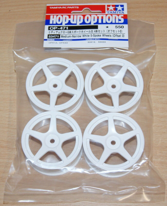 Tamiya 53471 Medium-Narrow White 5-Spoke Wheels (Offset 0) (TA07/TA08/TB04/TB05)
