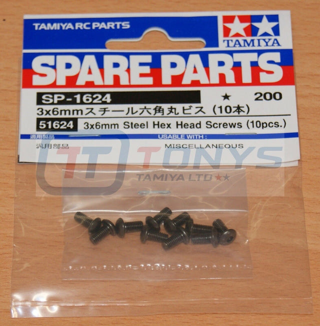 Tamiya 51624 3x6mm Steel Hex Head Screws (10 Pcs.), (TRF/TB Evo/XV-02 Pro), NIP