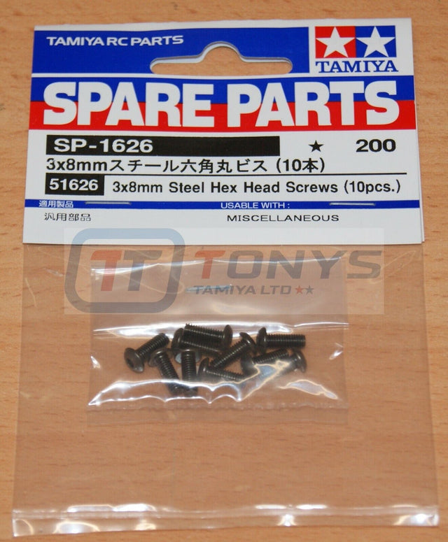 Tamiya 51626 3x8mm Steel Hex Head Screws (10 Pcs.), (TRF/TB Evo/XV-02 Pro), NIP