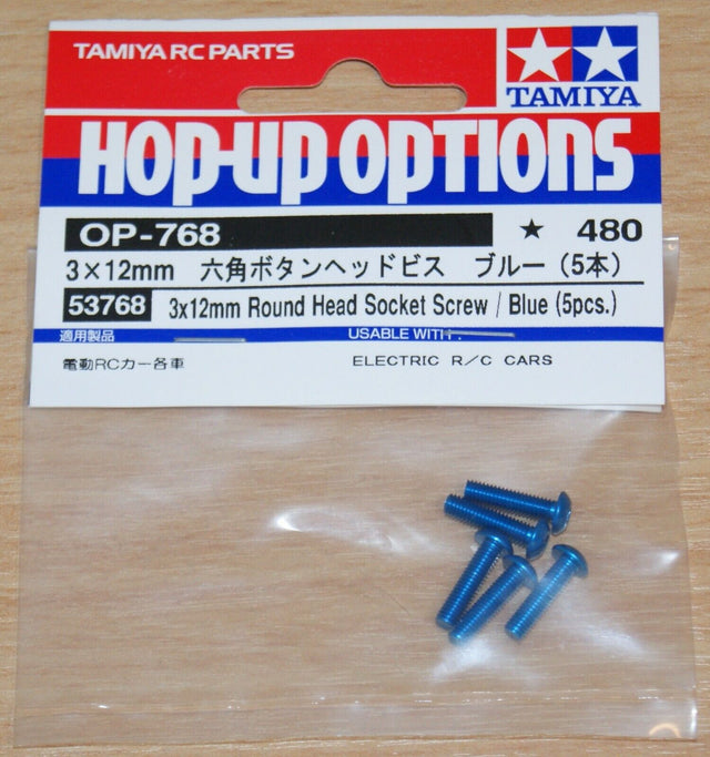 Tamiya 53768 3x12mm Round Head Socket Screw / Blue (5 Pcs.), (TRF's/TB Evo's), NIP