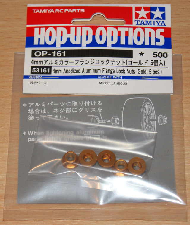 Tamiya 53161 4mm Anodized Aluminum Flange Lock Nuts (Gold, 5 Pcs.), (TT01/TT02) **DISCONTINUED**