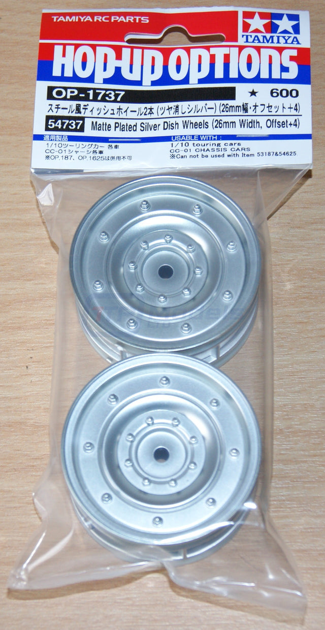 Tamiya 54737 Matte Plated Silver Dish Wheels (26mm Width, Offset +4) (CC01), NIP