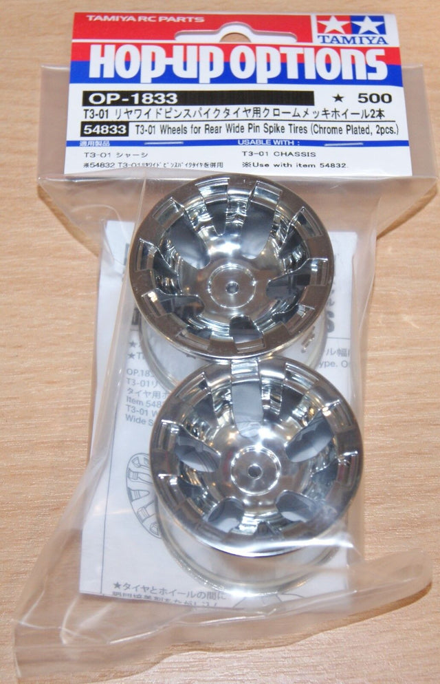 Tamiya 54833 T3-01 Wheels for Rear Wide Pin Spike Tires (Chrome Plated, 2 Pcs.)