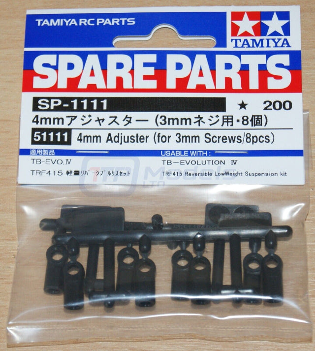 Tamiya 51111 4mm Adjuster (for 3mm Screws/8 Pcs.), (TRF416/TRF417/TRF418/TRF419)