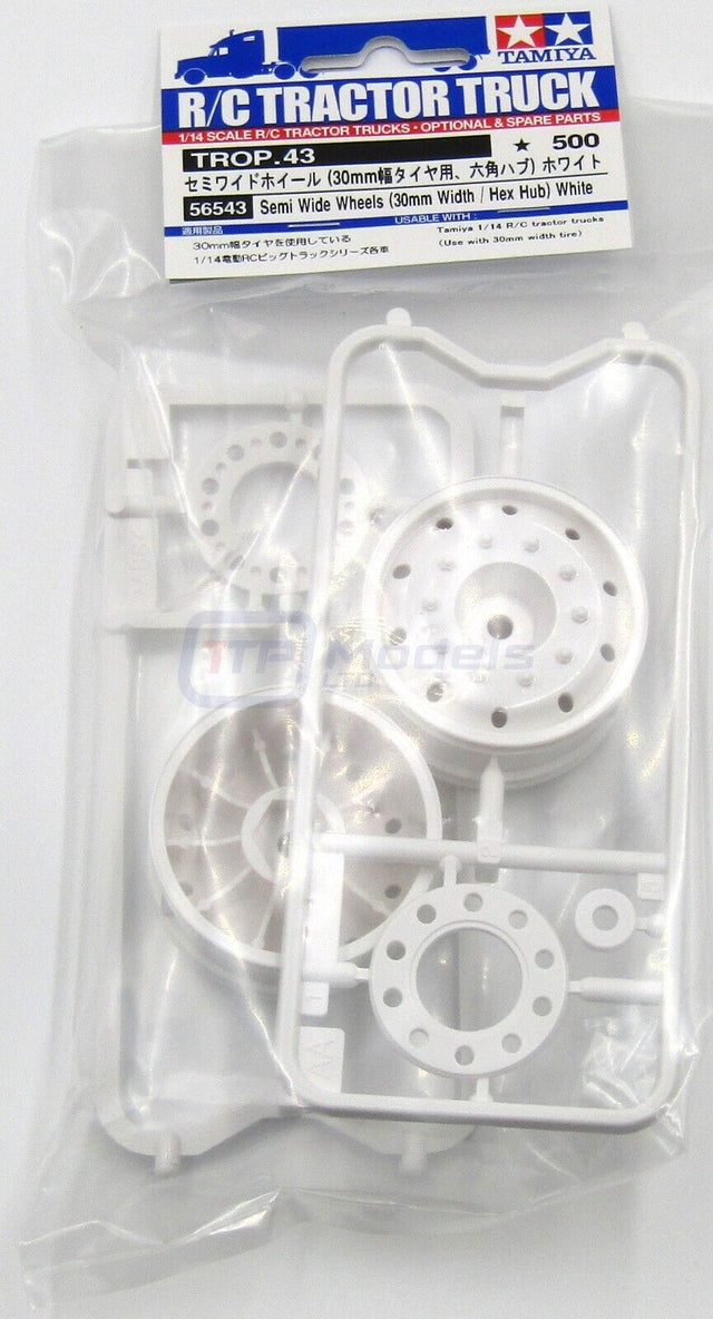 Tamiya 56543 Semi Wide Wheels (30mm Width / Hex Hub) White, (Trailers), NIP