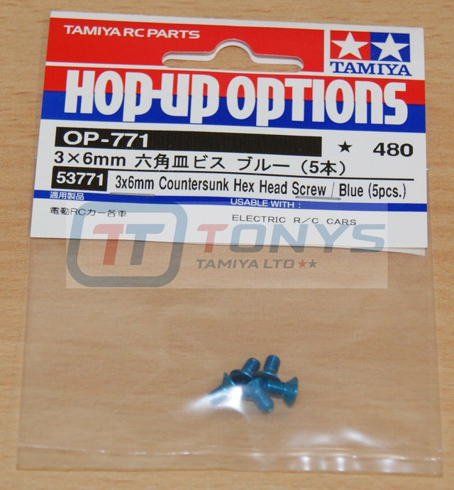 Tamiya 53771 3x6mm Countersunk Hex Head / Blue (5 Pcs.), (TRF's/TB Evo's), NIP