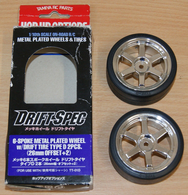 Tamiya 53960 6-Spoke Metal Plated Wheel w/Drift Tire Type D 2 Pcs. (26mm Off +2)