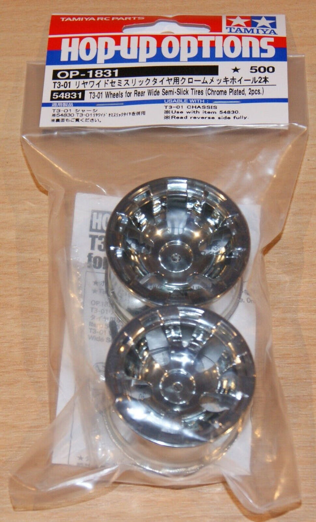 Tamiya 54831 T3-01 Wheels for Rear Wide Semi-Slick Tires (Chrome Plated, 2 Pcs.)