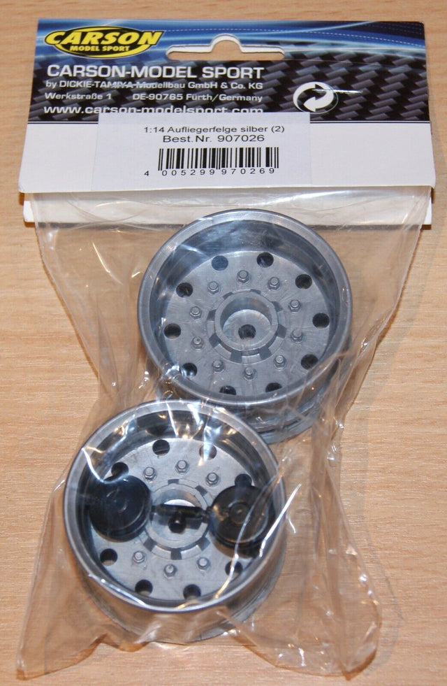 Carson C907026/500907026 1:14 Trailer Wheel Wide (Silver, 2 Pcs.), (Tamiya), NIP