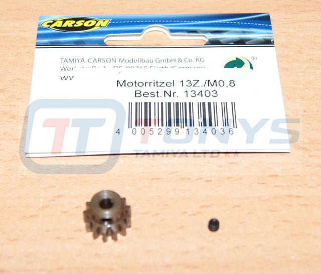 Carson 500013403 13T Steel Pinion Gear (0.8/08 Module), (Tamiya Hot Shot), NIP