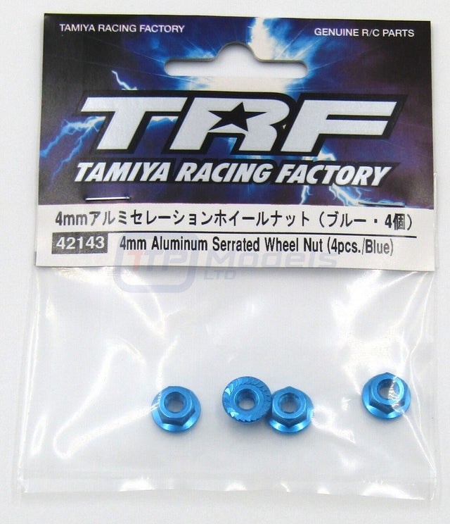 Tamiya 42143 TRF 4mm Aluminum Serrated Wheel Nut (Blue/4 Pcs.), TT01/TT02/TRF420