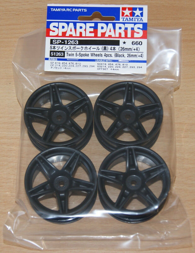 Tamiya 51263 Twin 5-Spoke Wheels 4 Pcs. (Black, 26mm/+4) (Ferrari FXX) TT02, NIP