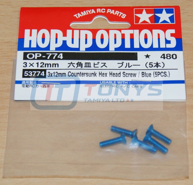 Tamiya 53774 3x12mm Countersunk Hex Head / Blue (5 Pcs.), (TRF's/TB Evo's), NIP